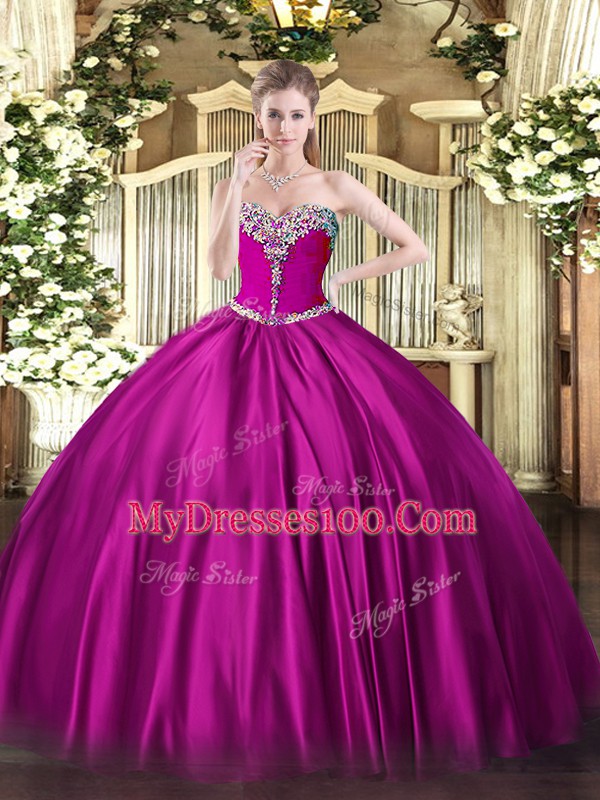 Fuchsia Satin Lace Up Sweetheart Sleeveless Floor Length Quince Ball Gowns Beading