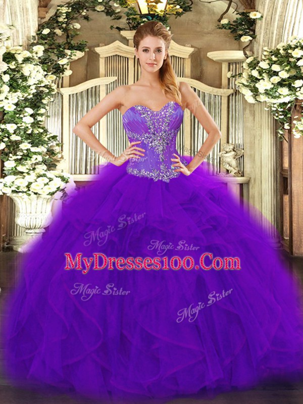 Luxury Sleeveless Lace Up Floor Length Beading and Ruffles Quinceanera Gown