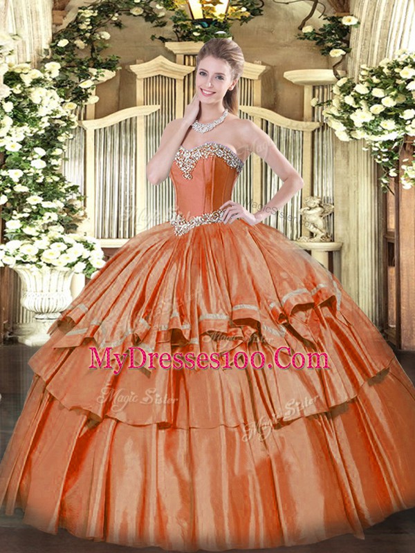 Fabulous Sweetheart Sleeveless 15th Birthday Dress Floor Length Beading and Ruffled Layers Rust Red Organza