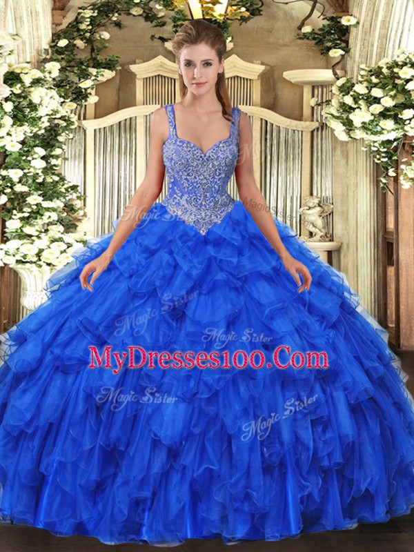 Royal Blue Lace Up Straps Beading and Ruffles 15th Birthday Dress Organza Sleeveless