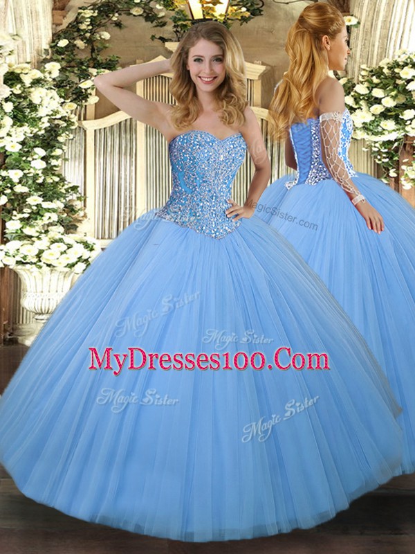 Aqua Blue Lace Up Sweetheart Beading Sweet 16 Quinceanera Dress Tulle Sleeveless