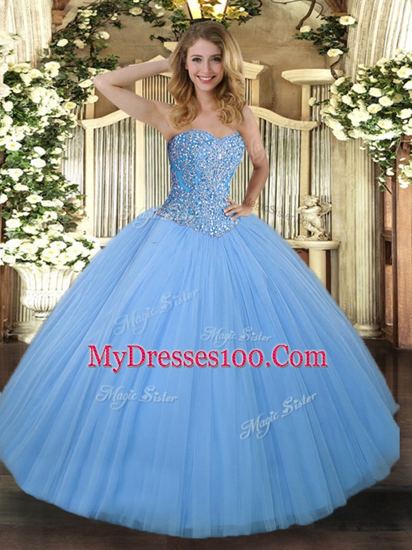 Aqua Blue Lace Up Sweetheart Beading Sweet 16 Quinceanera Dress Tulle Sleeveless