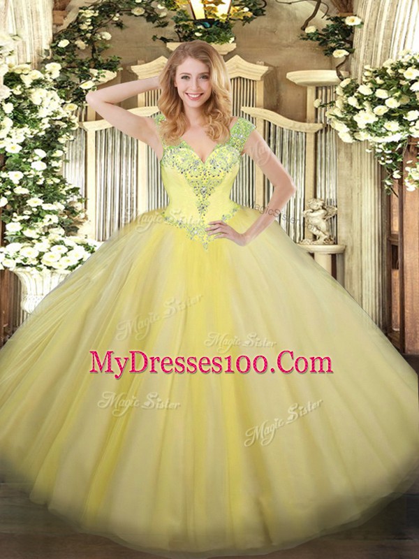 Light Yellow Tulle Lace Up Quinceanera Gowns Sleeveless Floor Length Beading
