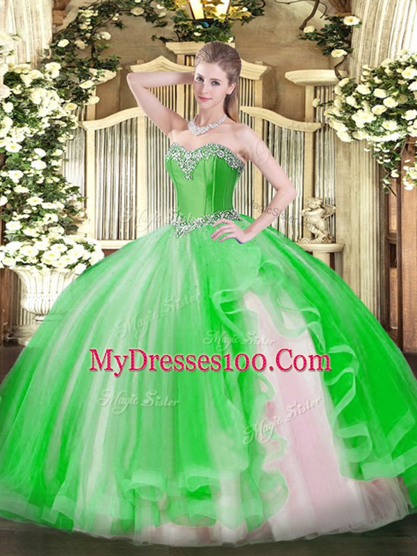 Free and Easy Sleeveless Tulle Floor Length Lace Up Quince Ball Gowns in Green with Beading and Ruffles