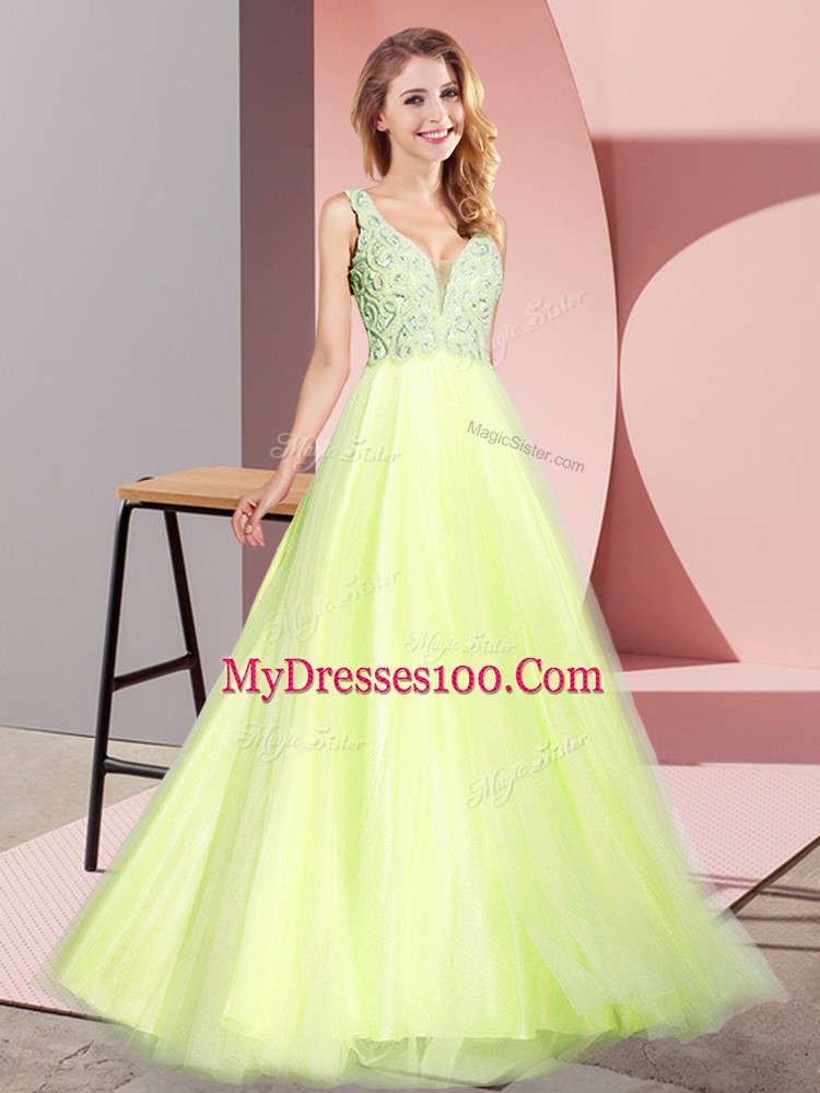 V-neck Sleeveless Zipper Prom Dresses Light Yellow Tulle