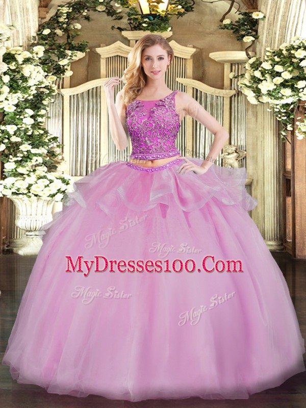 Graceful Sleeveless Floor Length Beading Lace Up Quinceanera Dresses with Lilac