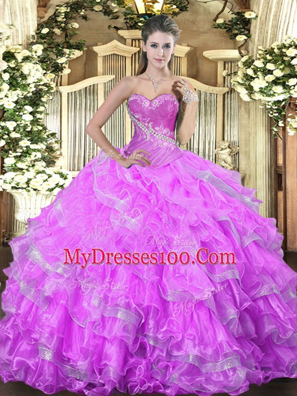 Lilac Lace Up Sweetheart Beading and Ruffled Layers Sweet 16 Dress Organza Sleeveless