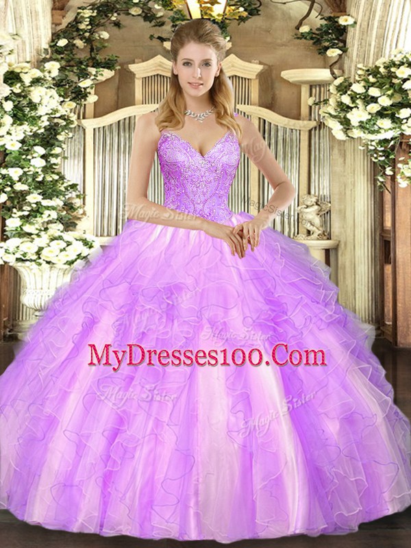 Modest Lilac Quinceanera Gown Military Ball and Sweet 16 and Quinceanera with Beading and Ruffles V-neck Sleeveless Lace Up