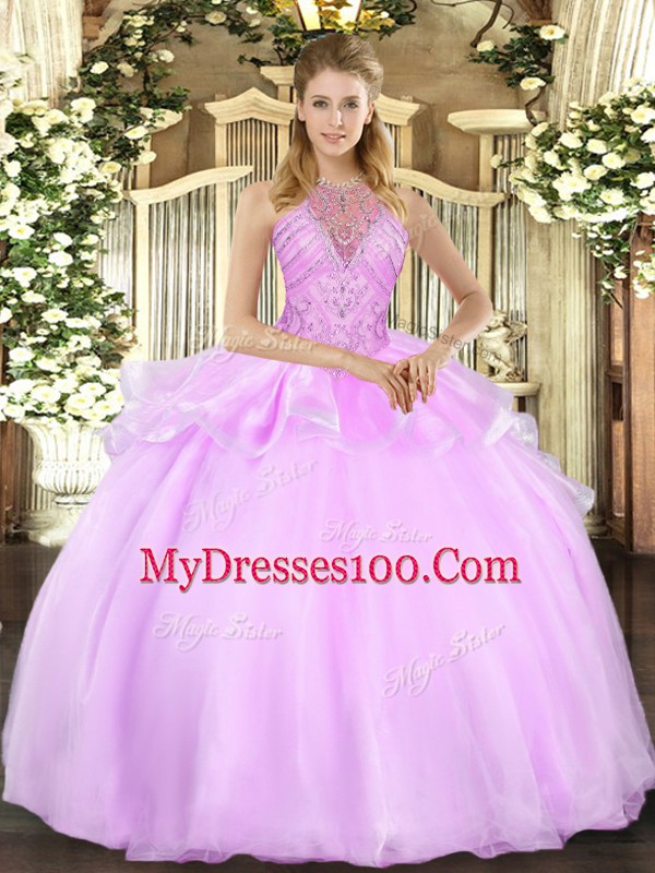 Organza Halter Top Sleeveless Lace Up Beading Quinceanera Gowns in Lilac