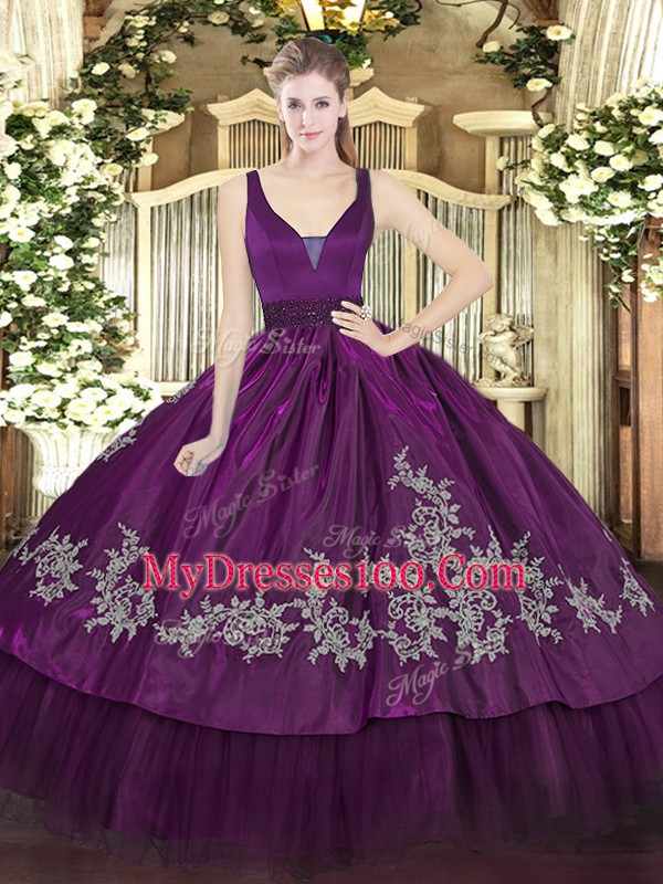 Floor Length Purple Quinceanera Gown Straps Sleeveless Zipper