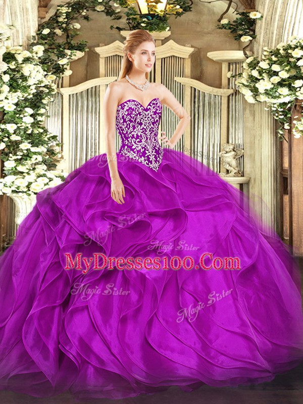 Floor Length Fuchsia Quince Ball Gowns Sweetheart Sleeveless Lace Up