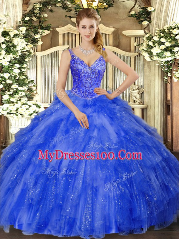 Royal Blue Tulle Lace Up V-neck Sleeveless Floor Length 15th Birthday Dress Beading and Ruffles