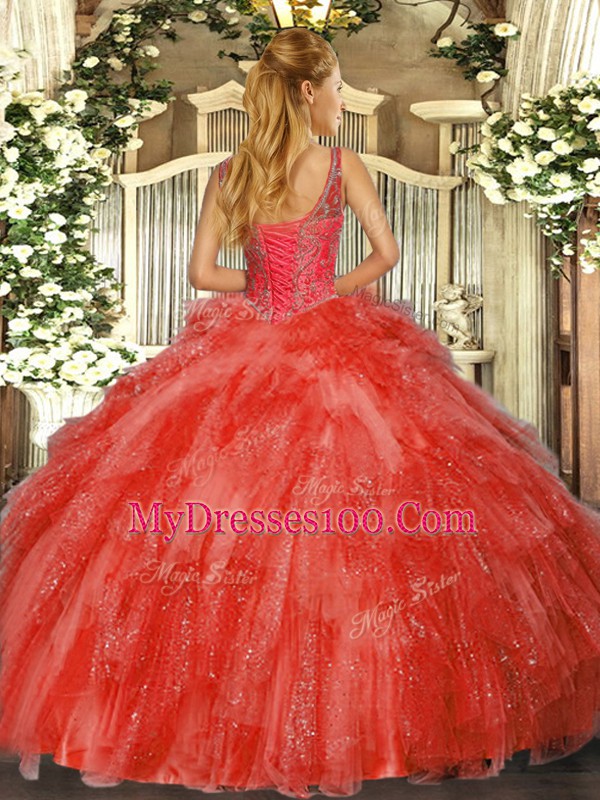 Royal Blue Tulle Lace Up V-neck Sleeveless Floor Length 15th Birthday Dress Beading and Ruffles