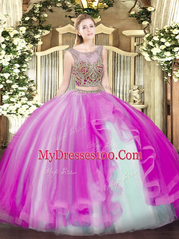 Floor Length Lace Up Quinceanera Gowns Fuchsia for Military Ball and Sweet 16 and Quinceanera with Beading and Ruffles