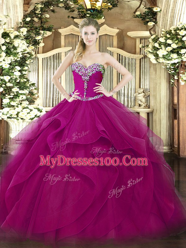 Amazing Sleeveless Tulle Floor Length Lace Up Quince Ball Gowns in Fuchsia with Beading and Ruffles