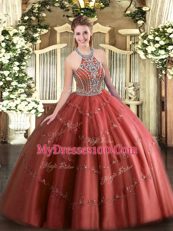 Beading and Appliques Vestidos de Quinceanera Wine Red Lace Up Sleeveless Floor Length