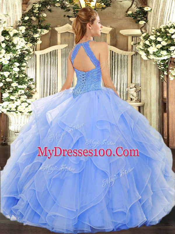 Luxury Lavender Sleeveless Organza Lace Up Quinceanera Dress for Military Ball and Sweet 16 and Quinceanera