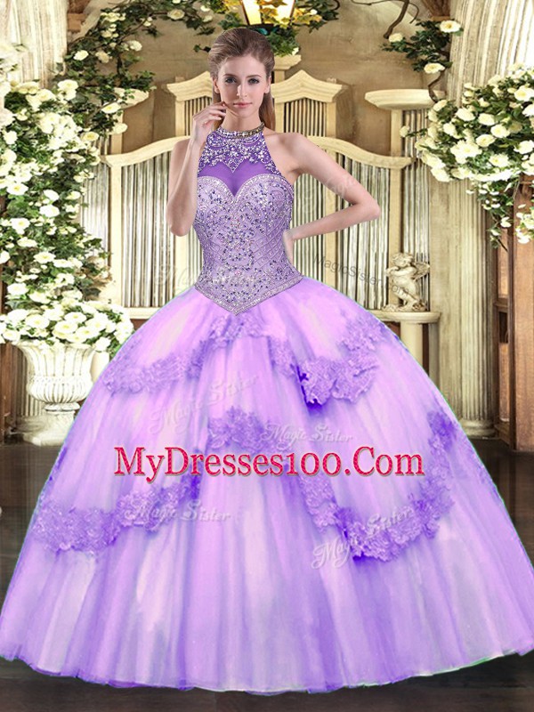Eye-catching Lavender Halter Top Neckline Beading and Appliques Quince Ball Gowns Sleeveless Lace Up