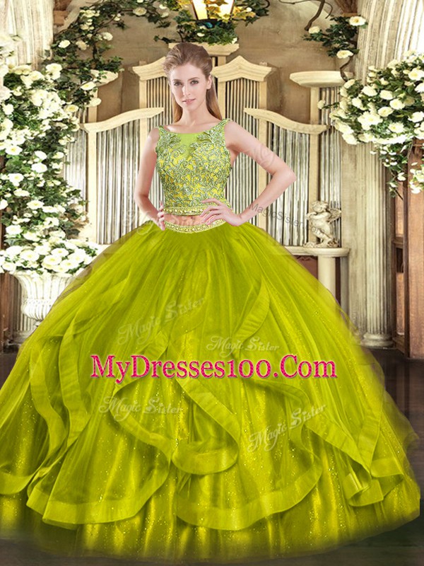 Enchanting Olive Green Lace Up 15th Birthday Dress Beading and Ruffles Sleeveless Floor Length