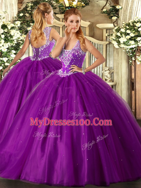 Purple Lace Up Straps Beading Vestidos de Quinceanera Tulle Sleeveless