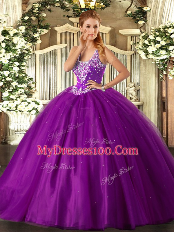 Purple Lace Up Straps Beading Vestidos de Quinceanera Tulle Sleeveless
