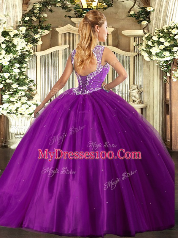 Purple Lace Up Straps Beading Vestidos de Quinceanera Tulle Sleeveless