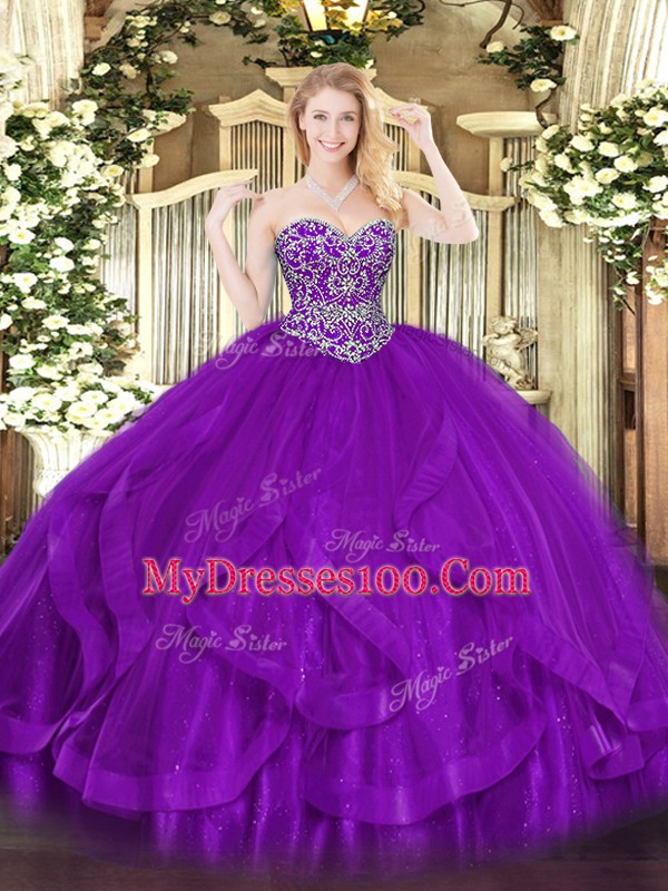 Sweetheart Sleeveless Tulle Sweet 16 Dresses Ruffles Lace Up