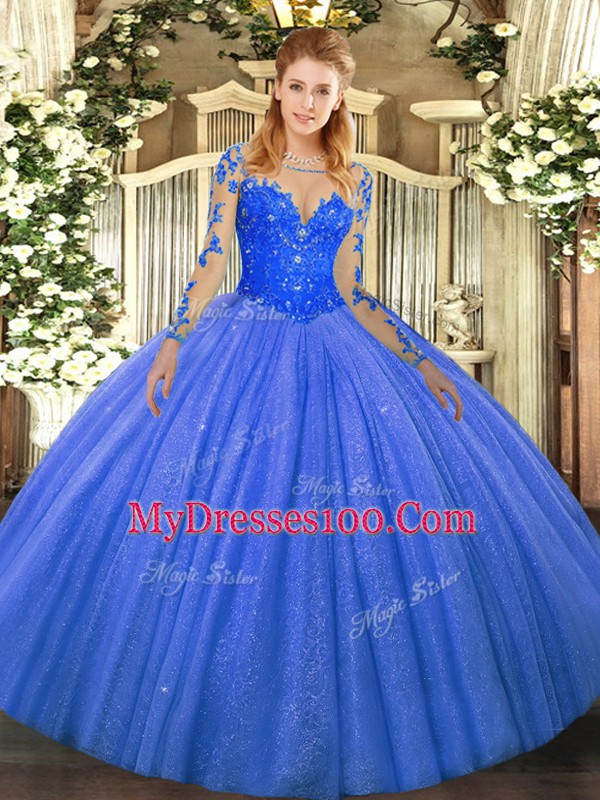 Blue Lace Up Scoop Lace Quinceanera Gowns Tulle Long Sleeves