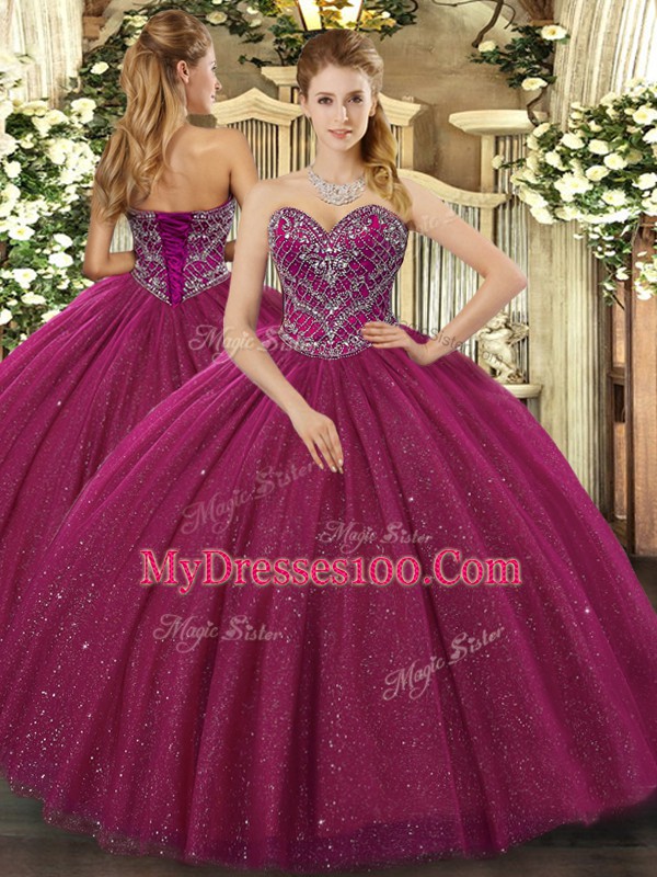 Fuchsia Lace Up Sweetheart Beading Quinceanera Gown Tulle Sleeveless