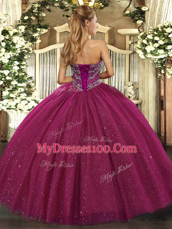Fuchsia Lace Up Sweetheart Beading Quinceanera Gown Tulle Sleeveless