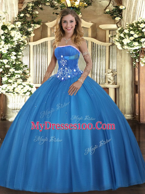 Strapless Sleeveless Lace Up Quinceanera Dress Baby Blue Tulle