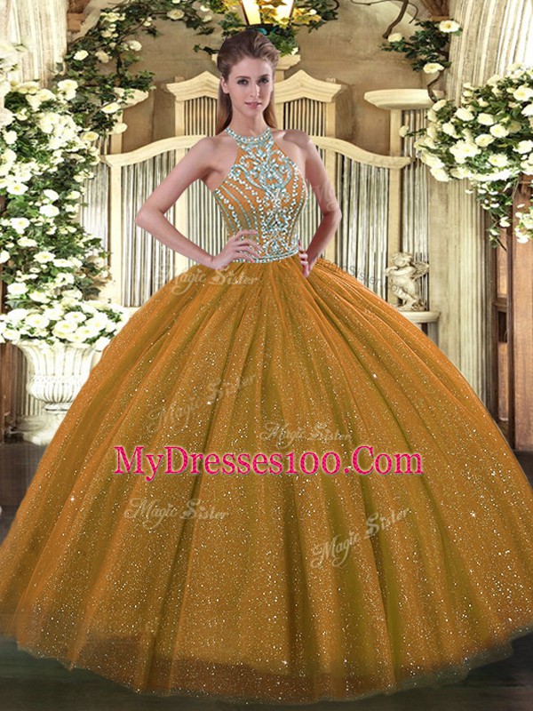 Brown Ball Gowns Halter Top Sleeveless Tulle Floor Length Lace Up Beading Vestidos de Quinceanera
