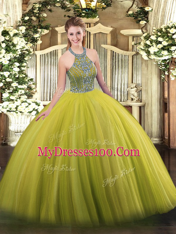 Eye-catching Sleeveless Floor Length Beading Lace Up Quince Ball Gowns with Olive Green