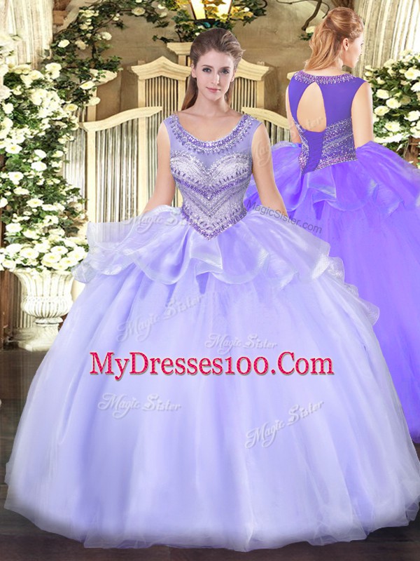 Lavender Organza Lace Up Quinceanera Dress Sleeveless Floor Length Beading