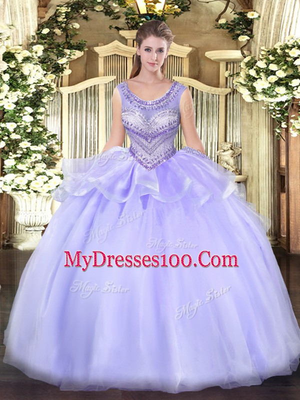 Lavender Organza Lace Up Quinceanera Dress Sleeveless Floor Length Beading