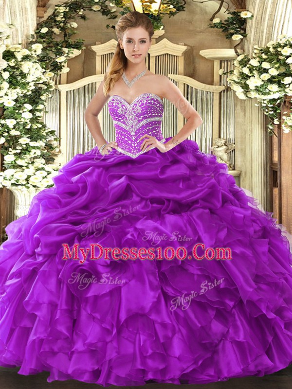 Popular Sweetheart Sleeveless Organza 15 Quinceanera Dress Beading and Ruffles and Pick Ups Lace Up