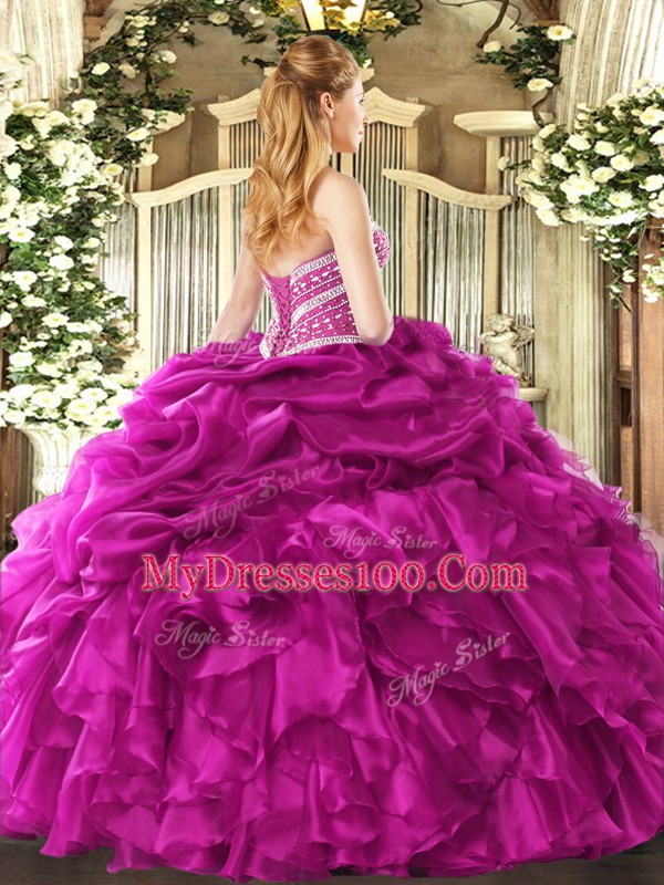 Popular Sweetheart Sleeveless Organza 15 Quinceanera Dress Beading and Ruffles and Pick Ups Lace Up