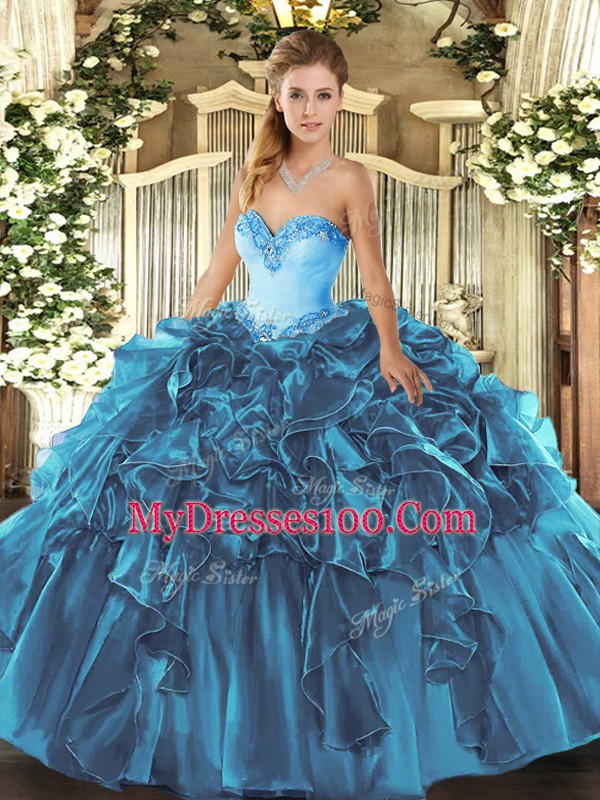 Sweetheart Sleeveless Lace Up Vestidos de Quinceanera Teal Organza