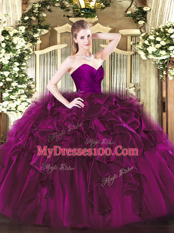 Sleeveless Organza Floor Length Zipper 15 Quinceanera Dress in Fuchsia with Ruffles