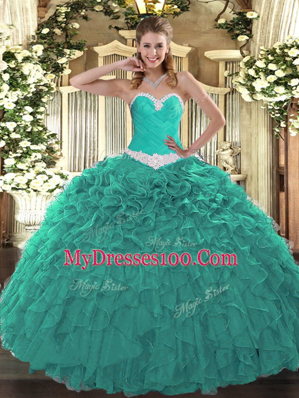 Free and Easy Turquoise Sleeveless Organza Lace Up Ball Gown Prom Dress for Military Ball and Sweet 16 and Quinceanera
