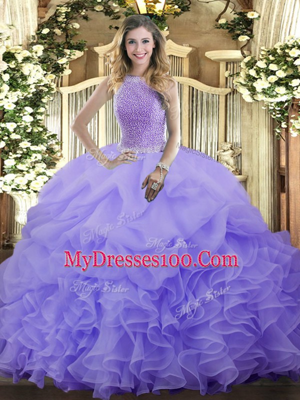Sleeveless Organza Floor Length Lace Up Quinceanera Dresses in Lavender with Beading and Ruffles and Pick Ups