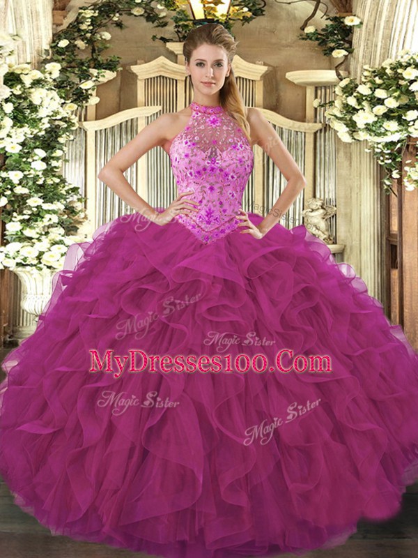 Top Selling Fuchsia Quinceanera Dress Sweet 16 and Quinceanera with Beading and Embroidery and Ruffles Halter Top Sleeveless Lace Up