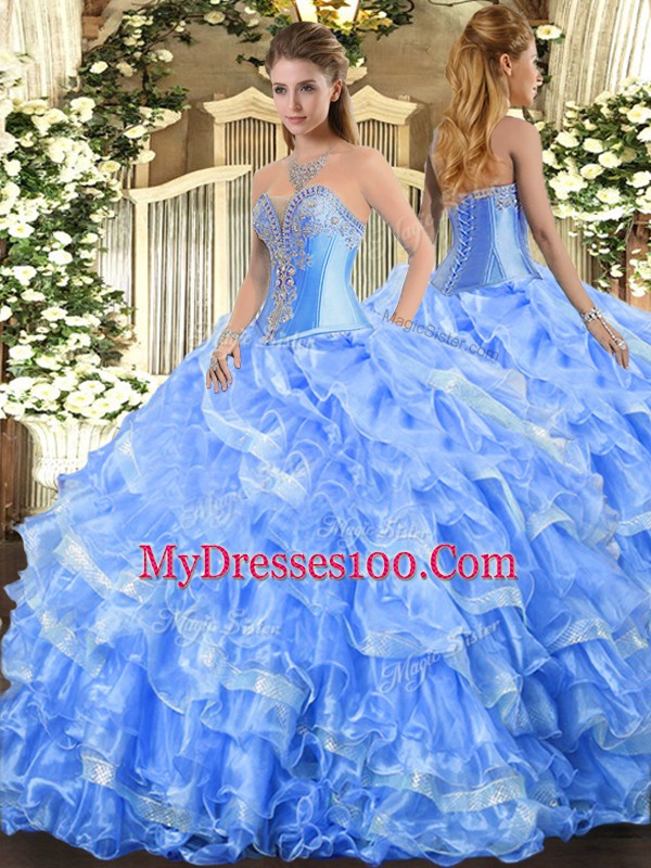 Baby Blue Sweetheart Neckline Beading and Ruffled Layers 15th Birthday Dress Sleeveless Lace Up