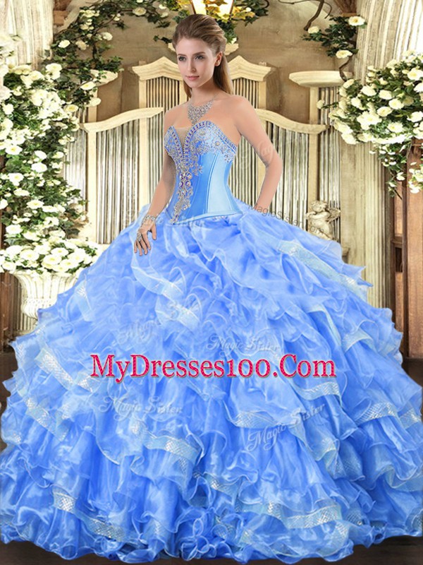 Baby Blue Sweetheart Neckline Beading and Ruffled Layers 15th Birthday Dress Sleeveless Lace Up