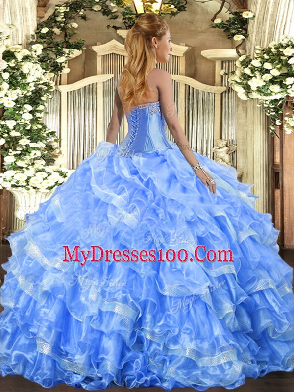 Baby Blue Sweetheart Neckline Beading and Ruffled Layers 15th Birthday Dress Sleeveless Lace Up