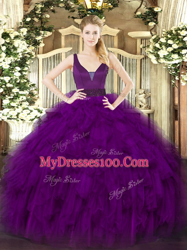 Simple Purple Zipper Straps Beading and Ruffles 15 Quinceanera Dress Organza Sleeveless