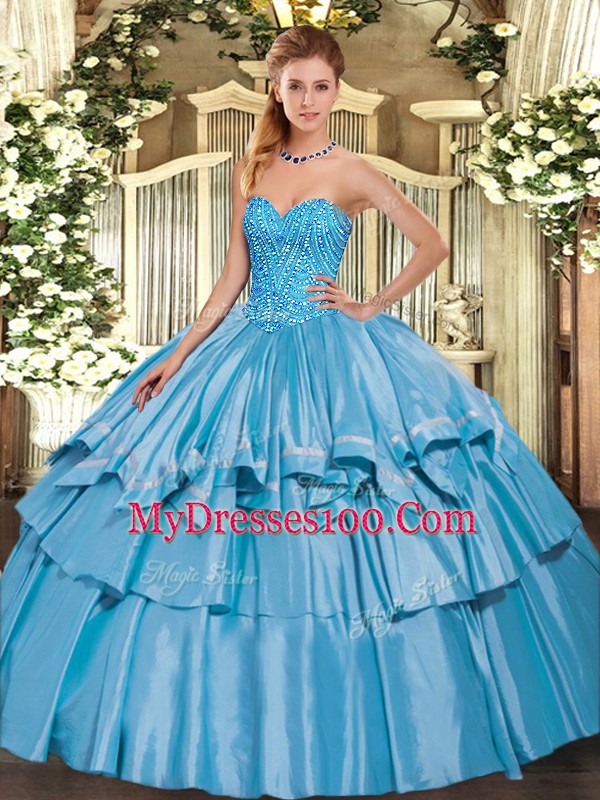 Sexy Baby Blue Ball Gowns Beading and Ruffled Layers 15 Quinceanera Dress Lace Up Organza and Taffeta Sleeveless Floor Length