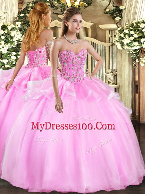 Delicate Sleeveless Floor Length Embroidery Lace Up Quinceanera Dress with Lilac