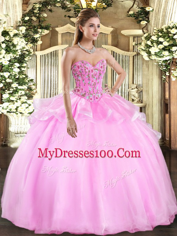 Delicate Sleeveless Floor Length Embroidery Lace Up Quinceanera Dress with Lilac