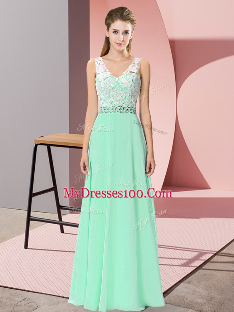 Fine Apple Green Empire Chiffon V-neck Sleeveless Beading Floor Length Lace Up Prom Evening Gown